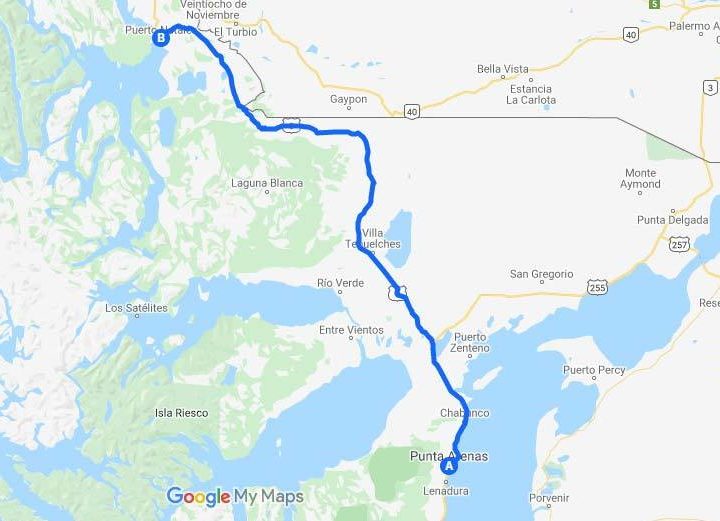 Map of the route driving through Southern Chilean Patagonia