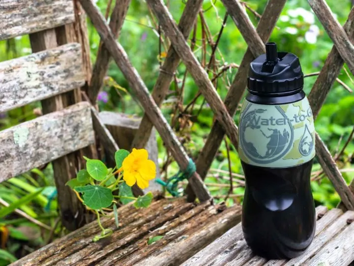 A black and green Water-to-Go water bottle sits on a rustic wooden bench amid yellow flowers