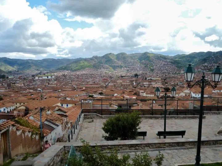 Views across the rooftops from Parque San Marcos in Barrio San Blas, one of the places to stay in Cusco, Peru