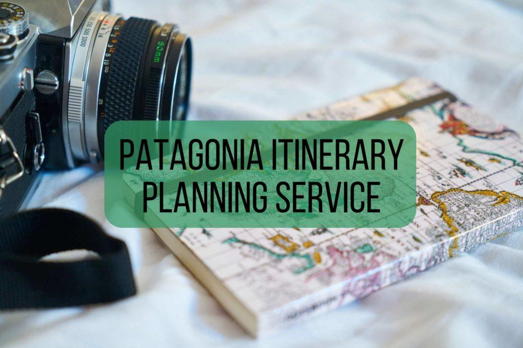 Camera and map notebook with overlaid text saying Patagonia itinerary planning service