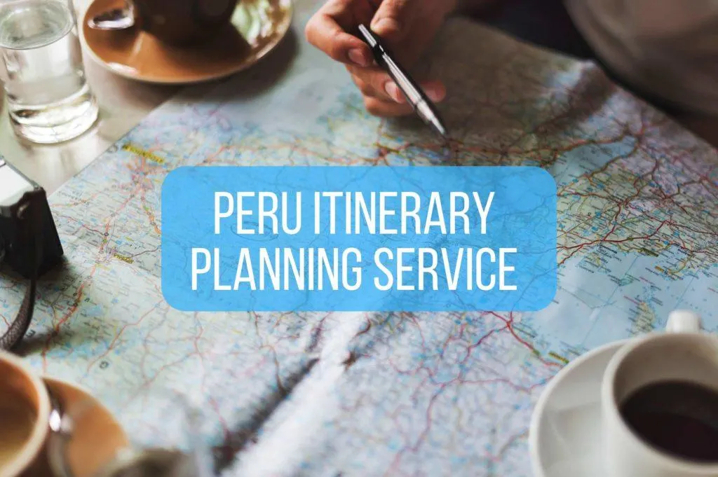 Map and coffee cups with overlaid text saying Peru itinerary planning service