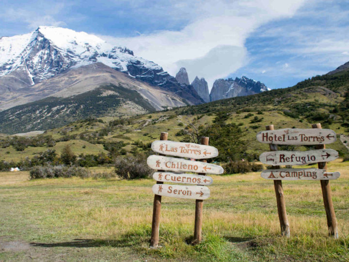 Handmade signs direct you to Torres del Paine Day Hikes all over the park