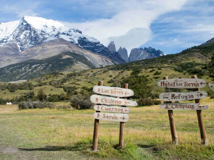 Handmade signs direct you to Torres del Paine Day Hikes all over the park