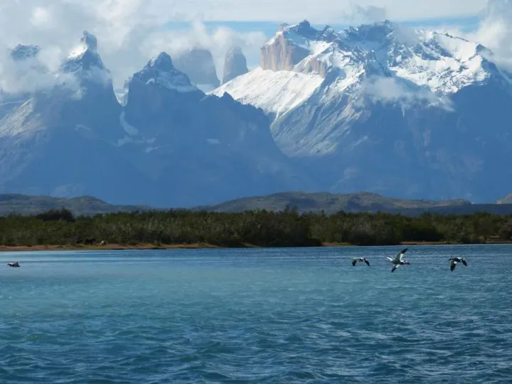 Los Cuernos Mountains above Lago Pehoe in Torres del Paine National Park, Patagonia