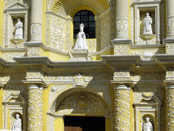 The delicate facade of the Iglesia de la Merced in Antigua Guatemala, a must-see place on a Guatemala itinerary