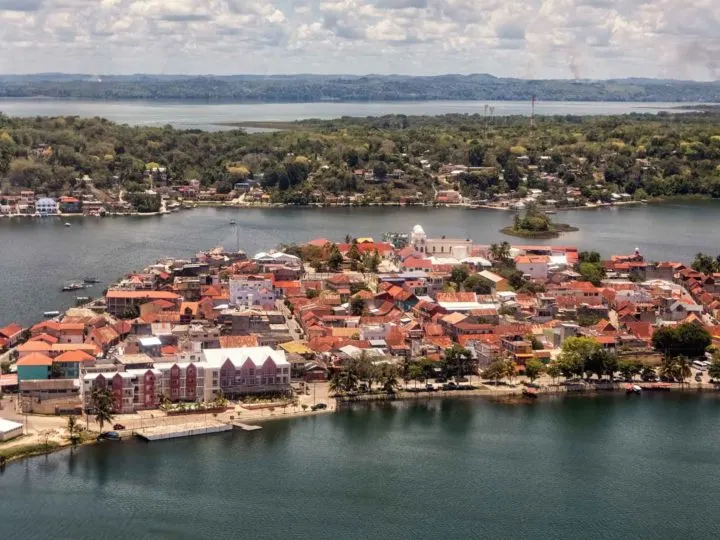 An aerial shot of the island of Flores in the Peten department of Guatemala
