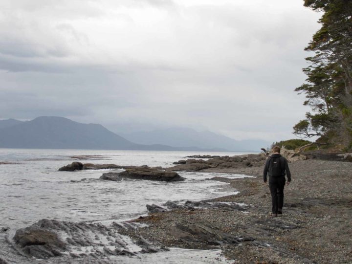 A hiker walks along the beach on the Cabo Froward trail near Punta Arenas in Chilean Patagonia