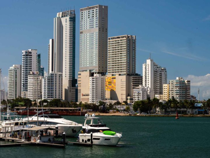 Yaches and skyscrapers in Bocagrande, Cartagena in Colombia