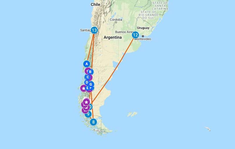Map with a one-month travel itinerary for Patagonia plotted