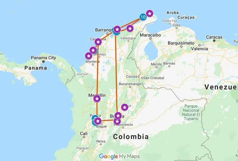 Map with a one-month Colombia travel itinerary plotted