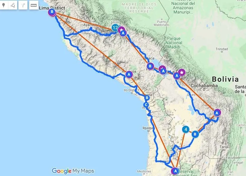 A map with an itinerary for a trip to Peru, Bolivia and Chile plotted