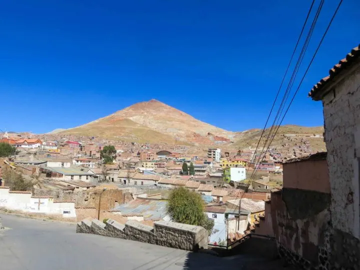 Cerro Rico, the silver mine in Potosi, Boliviam rises above the town