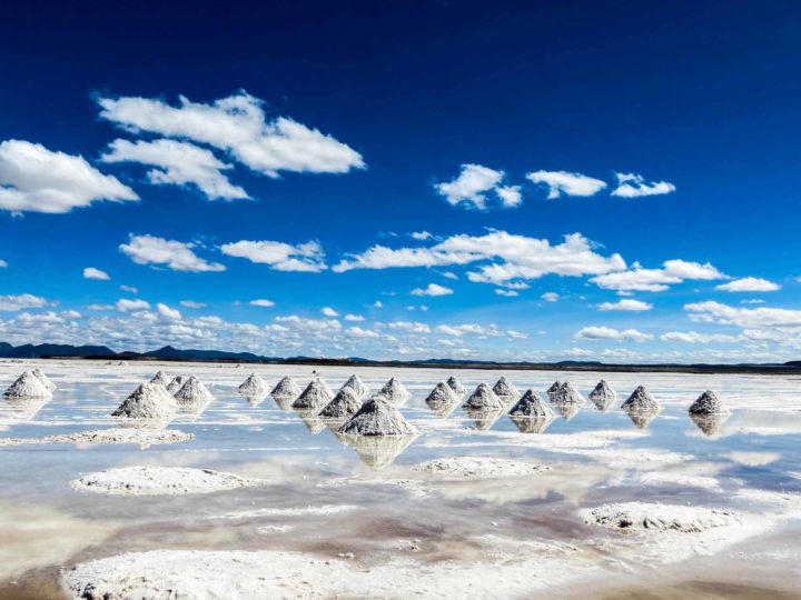 The Bolivian salt flats with piles of salt
