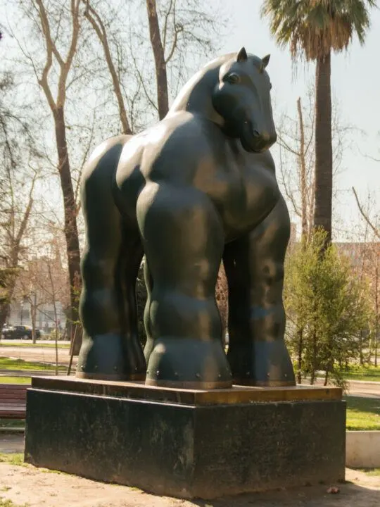 A sculpture by Colombian artist Fernando Botero of a horse in the gardens of Bellas Artes museum in Santiago, Chile