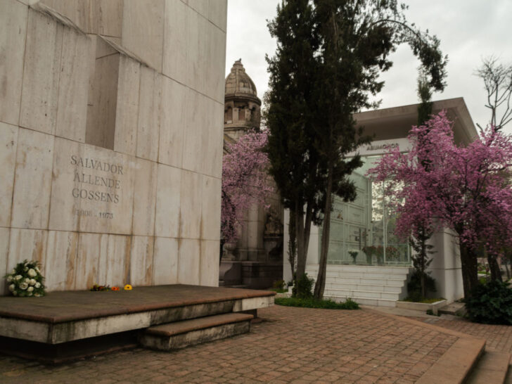 The fortress-like white-stone tomb of former president Salvador Allende in the Cementerio General