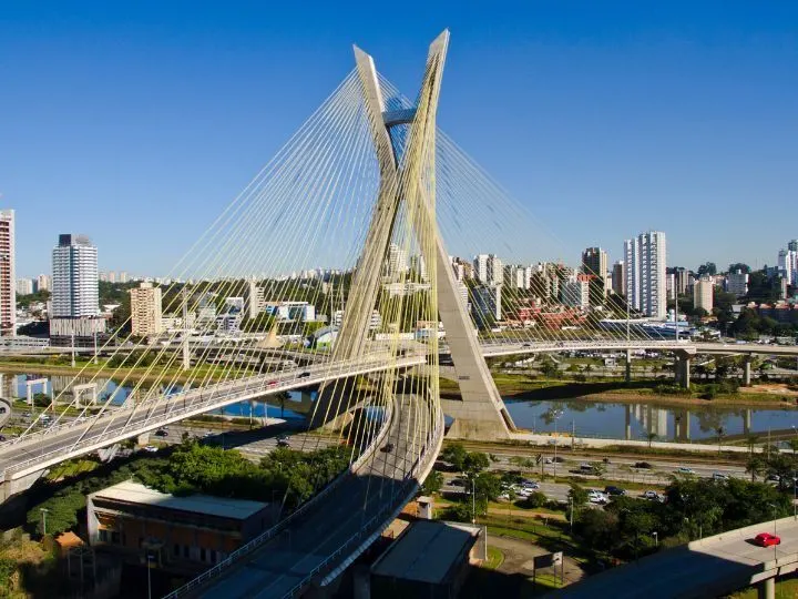 Aerial photo of Octávio Frias de Oliveira Bridge in the city of Sao Paulo, Brazil. 