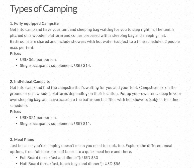 Cost of camping in Fantastico Sur campground and refugios in Torres del Paine National Park 2021-2022