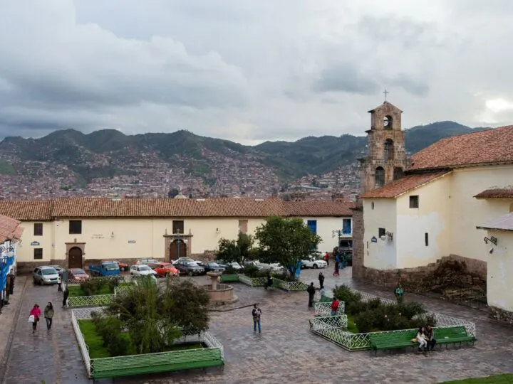 The San Blas Plaza in Cusco after rainfall with views across the city