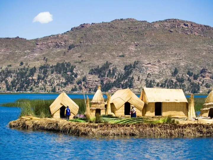 The floating Uros Islands on Lake Titicaca in Peru. 