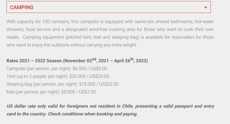 Prices for camping in Camping and Refugio Grey, Dickson and Los Perros in Torres del Paine National Park 2021-2022
