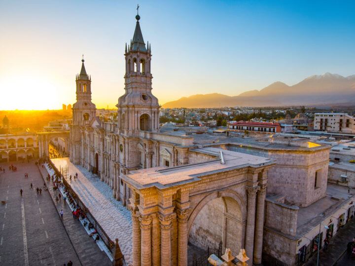 The Basilica Cathedral in the Plaza de Armas in Arequipa, Peru