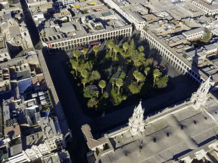 The Plaza de Armas in Arequipa, Peru as seen from the air