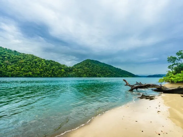 Sandy beach and sparkling water in national park natural Utria next to Nuqui, Colombia. 