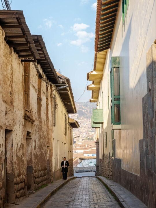 A cobbled street in one of Cusco, Peru's historical old city centre