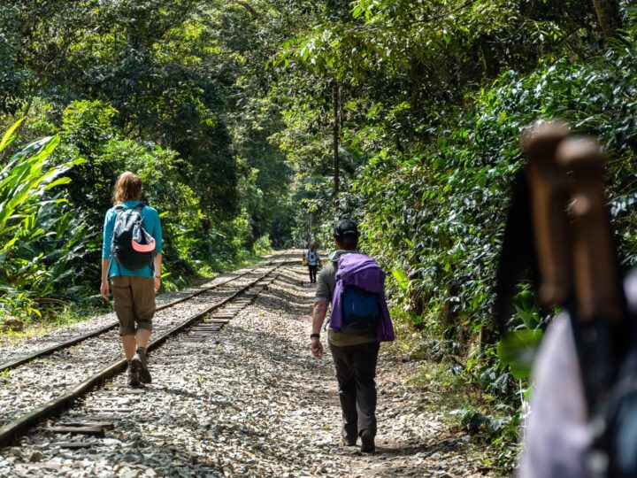 Walking along the railway line to Aguas Calientes on day four of The path on the the Salkantay trek to Machu Picchu