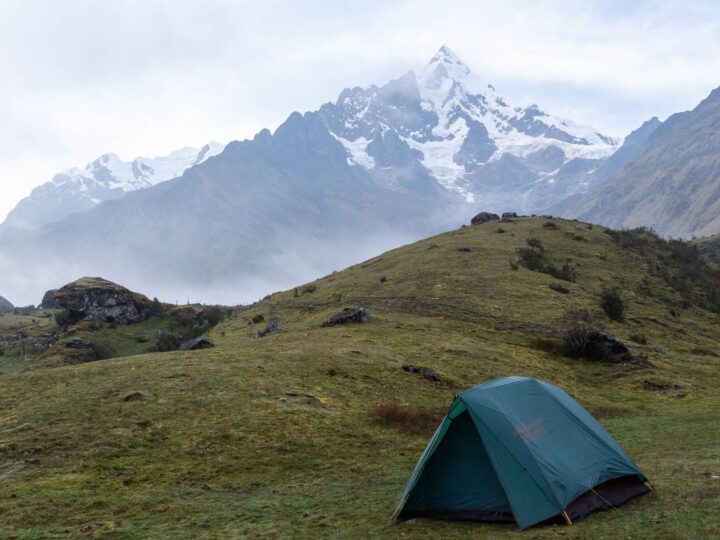 Dawn views from the Wayramachay campground on the Salkantay trek to Machu Picchu, an unmissable hike that goes into the mountains close to the Sacred Valley. 