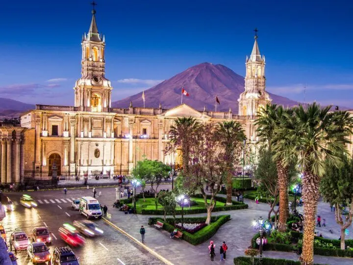 Night view of Arequipa's main square, the Plaza de Armas. 