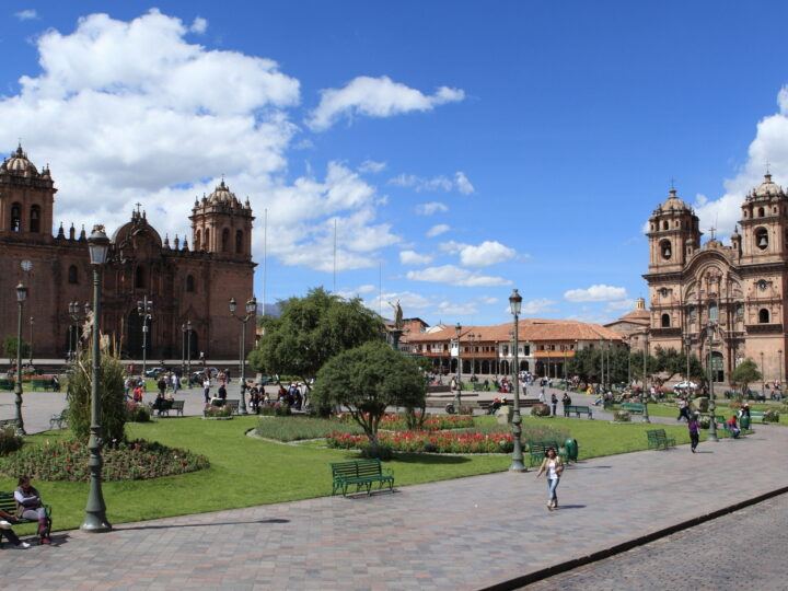 Morning in the city of Cusco at the Plaza Principal at the heart of the city.