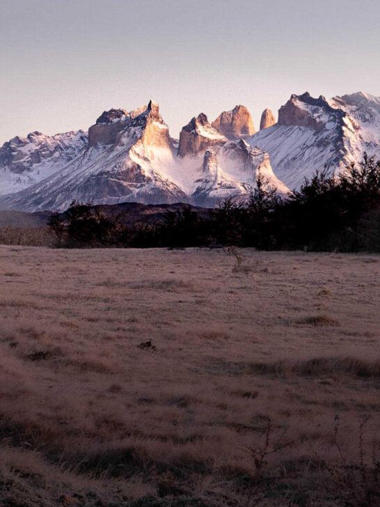 Los Cuernos as seen at dawn on an icy September morning in Torres del Paine National Park