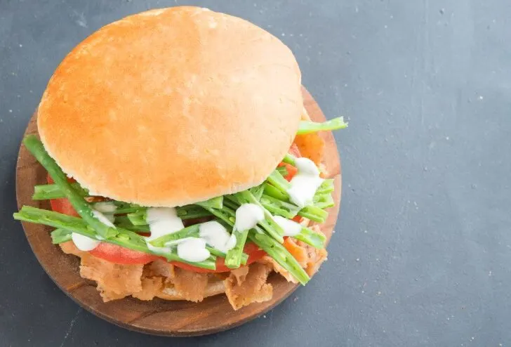 Chacarero, a Chilean famous sandwich made with beef, tomatoes, green beans, and chili peppers.
