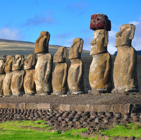 17 moai on Ahu Tongariki in Easter Island, Chile