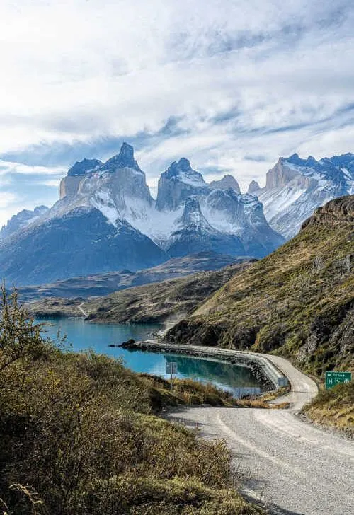Los Cuernos in Torres del Paine National Park, Patagonia, as seen from the road into the park from the southern entrance