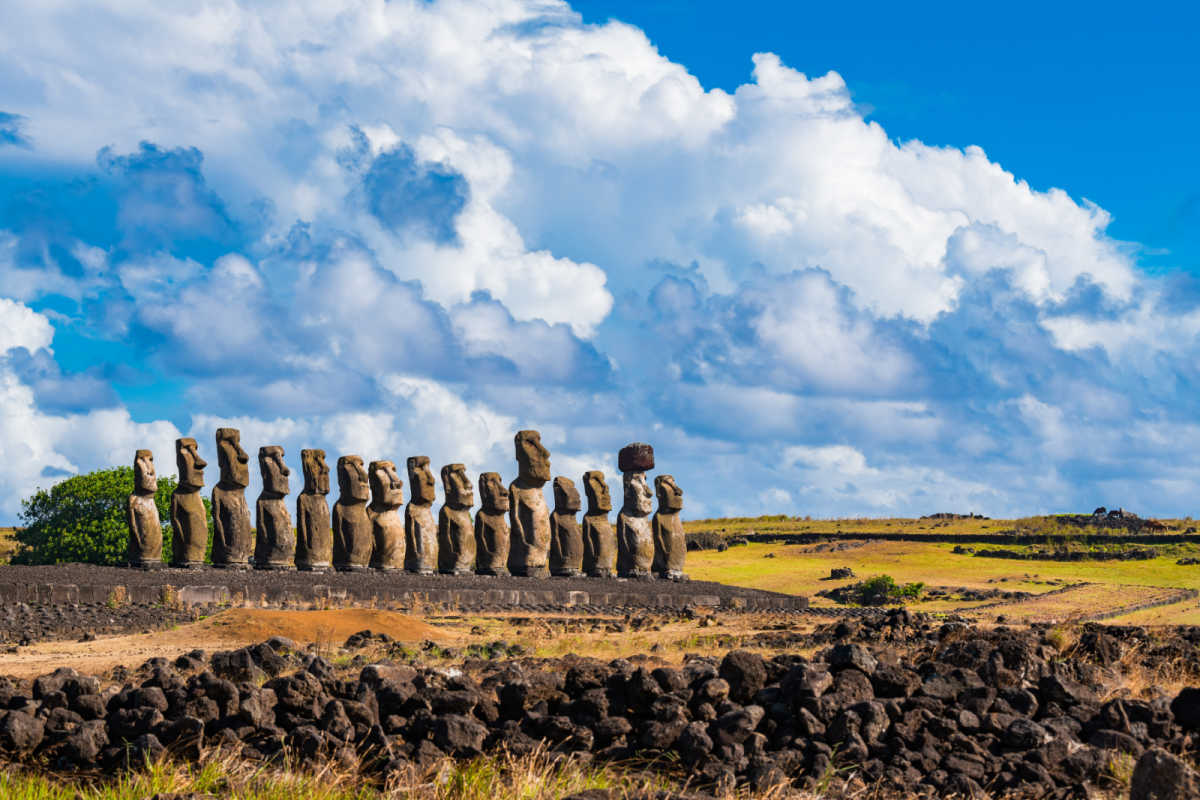 Ancient Moai of Ahu Tongariki on Easter Island or Rapa Nui in Chile