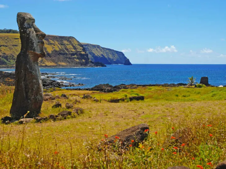 Moai statues found on the coastline of Easter Island.