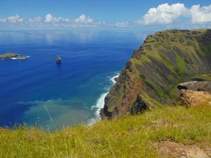The Rano Kau volcanic crater next to the Pacific Ocean on Easter Island