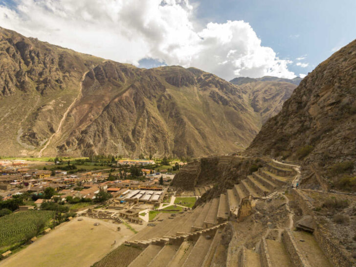 Views from the archeological site over Ollantaytambo in the Sacred Valley, a must-visit on a Peru itinerary