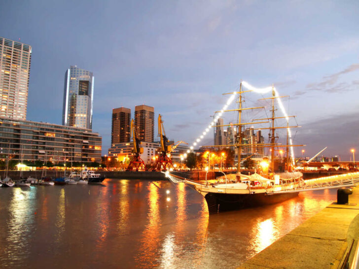 A night shot of the Puerto Madero in Buenos Aires. This is a chic area of walkways and restaurants along the marina and Río Dique.