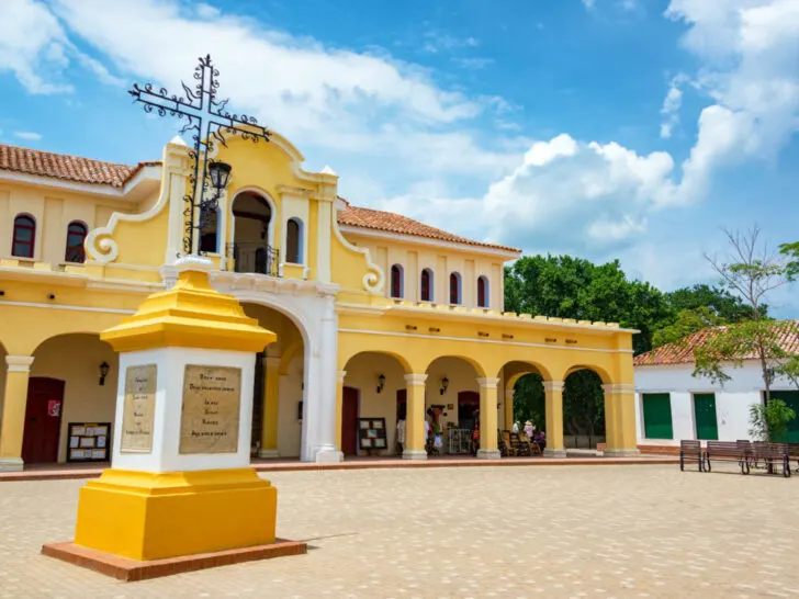 The yellow and white plaza and market in Unesco World Heritage Site, Mompox in Colombia.