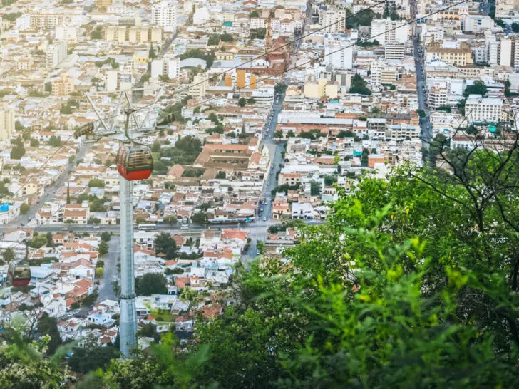 An aerial view of the cable car and city of Salta. When looking for things to do in Salta, a trip on the cable car is a must.