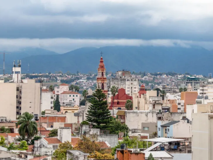 An aerial view of Salta City and the Basilica de San Francisco.