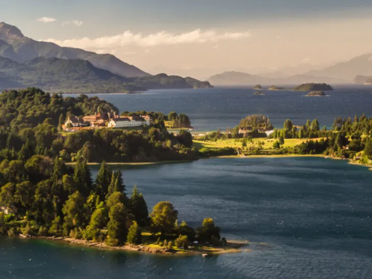 A view over the Nahuel Huapi lake with Hotel Llao Llao in the distance.