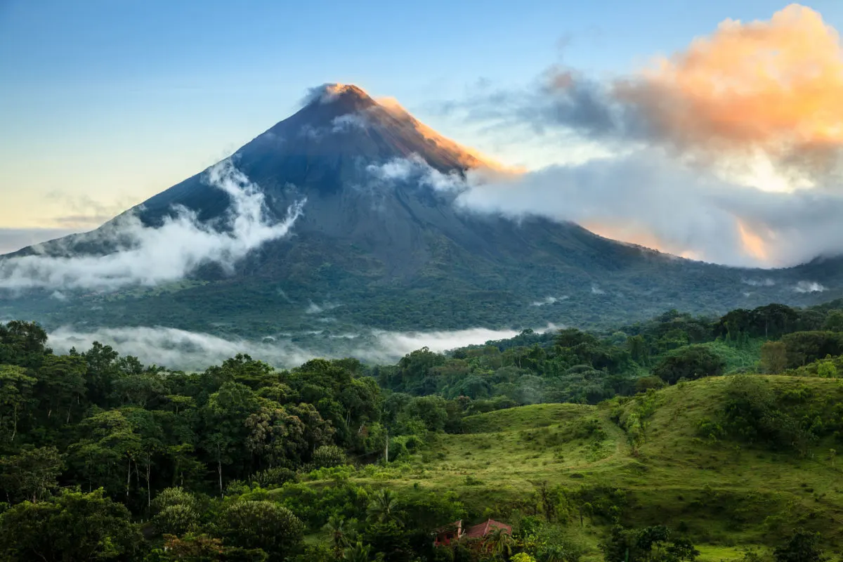 Scenic view of Arenal Volcano in central Costa Rica at sunrise - one of the best places to visit in Costa Rica