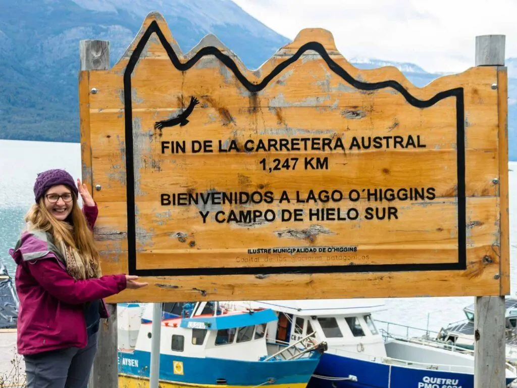 Sign saying "the end of the road" at the end of Patagonia's Carratera Austral near Villa O'Higgins