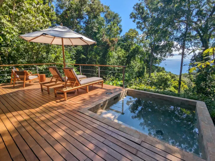 The pool and sun terrace of the beautiful El Remanso Rainforest Lodge - one of the best places to stay in Costa Rica for wildlife watching.