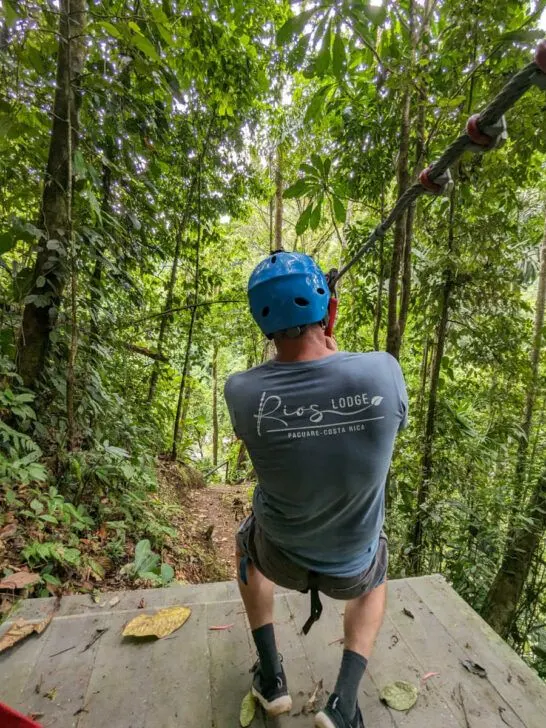 A man ziplining at Rios Lodge in Costa Rica