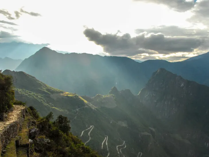 The sunrising over Machu Picchu as seen from the Sun Gate at the end of the Inca Trail